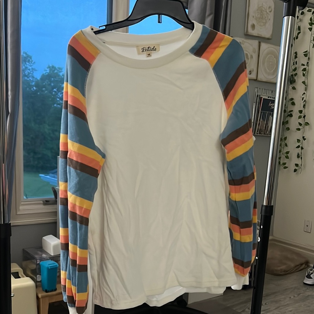 Gildan White Shirt with Multicolor Striped Sleeves